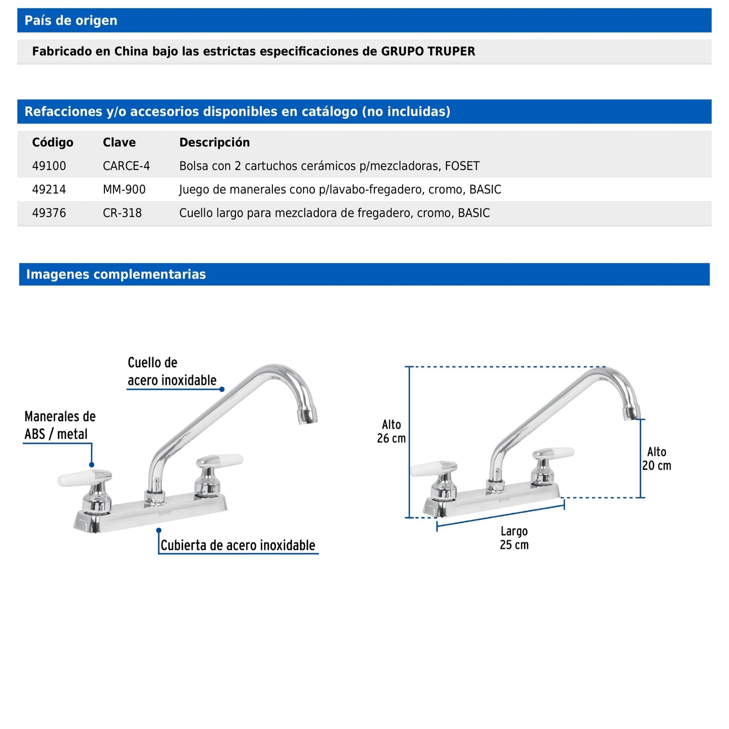 Mezcladora de 8" para fregadero con cuello largo y manerales tipo cono