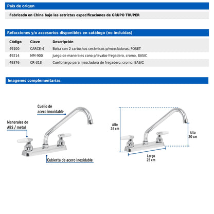 Mezcladora de 8" para fregadero con cuello largo y manerales tipo cono