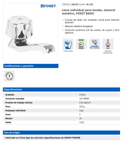 Llave individual para lavabo con maneral metálico y cartucho cerámico