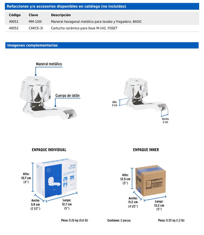 Juego de 2 llaves individuales para lavabo con manerales metálicos y cartucho cerámico