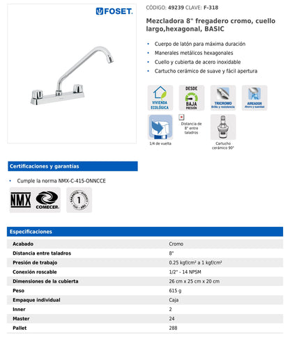 Mezcladora de 8" para fregadero con cuello largo y manerales hexagonales