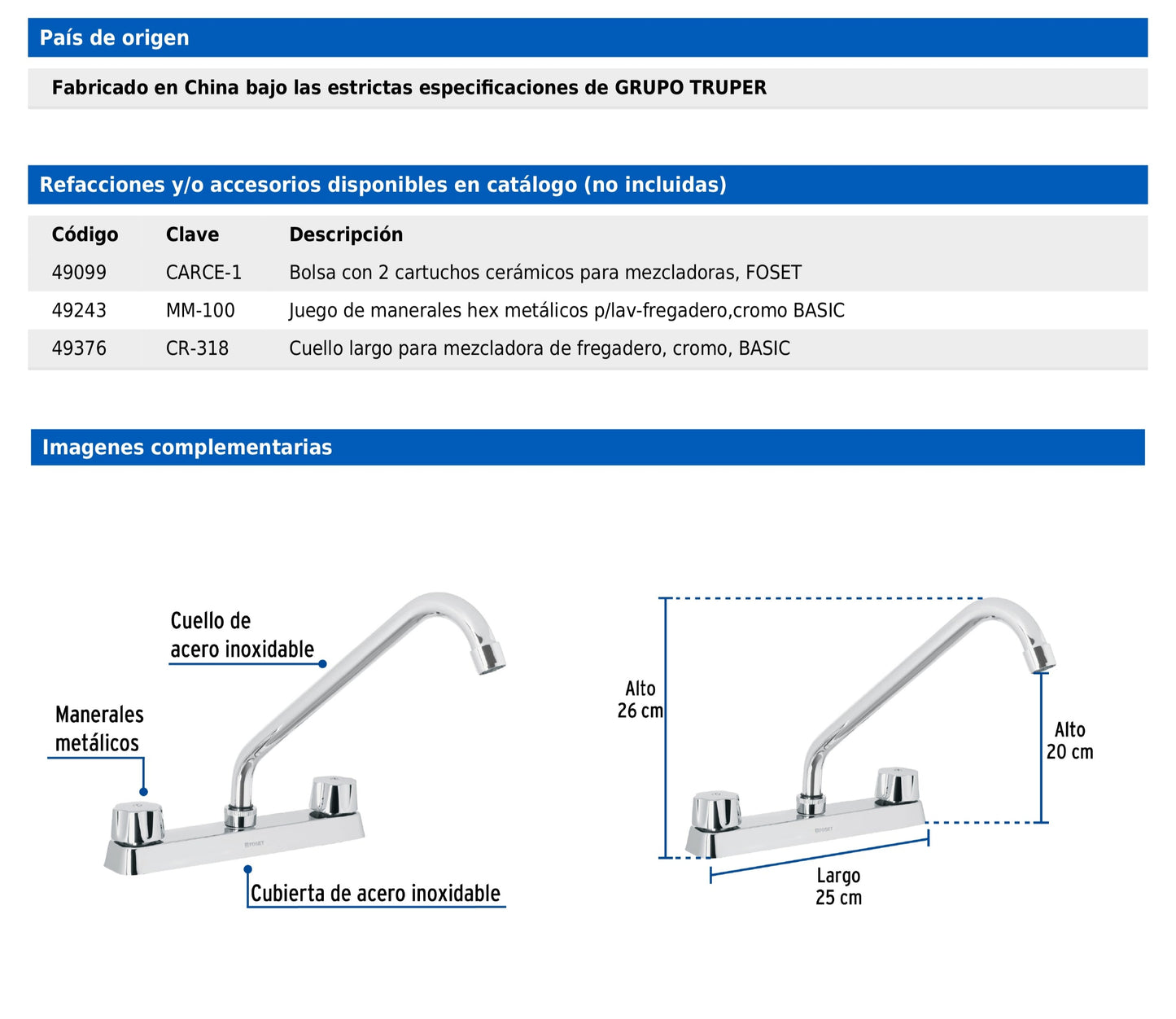 Mezcladora de 8" para fregadero con cuello largo y manerales hexagonales