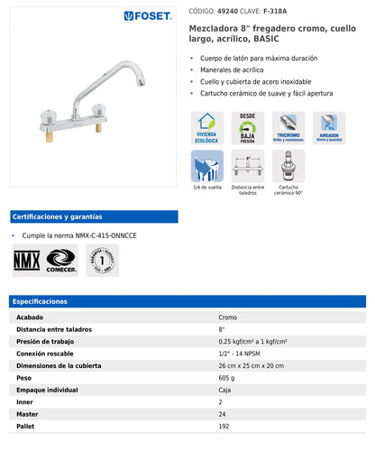 Mezcladora de 8" para fregadero con cuello largo y manerales acrílicos
