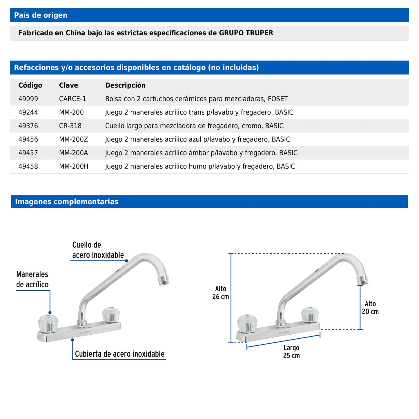 Mezcladora de 8" para fregadero con cuello largo y manerales acrílicos