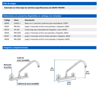 Mezcladora de 8" para fregadero con cuello largo y manerales acrílicos
