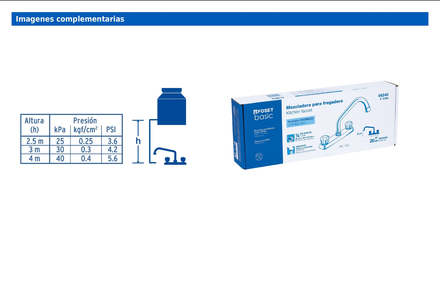 Mezcladora de 8" para fregadero con cuello largo y manerales acrílicos