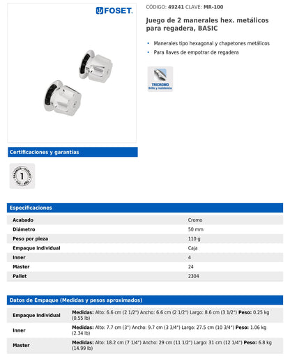uego de manerales hexagonales metálicos para regadera