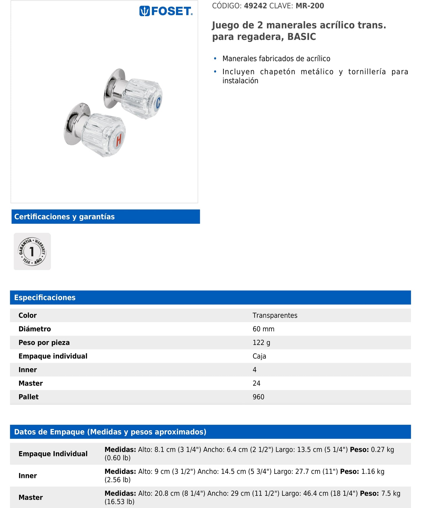 Juego de manerales acrílico transparente para regadera