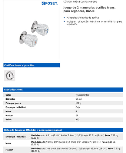 Juego de manerales acrílico transparente para regadera
