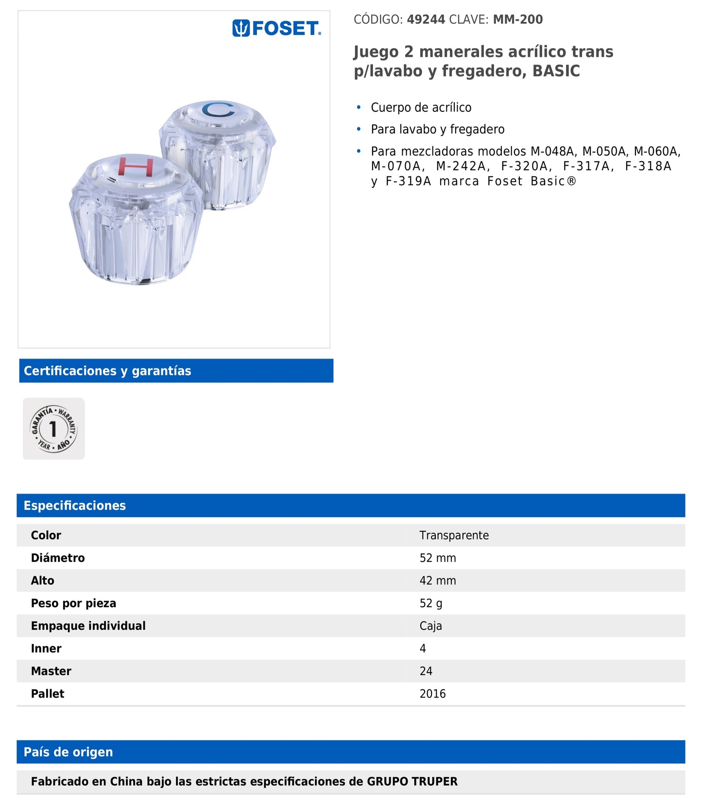 Juego de manerales acrílicos transparentes para lavabo y fregadero