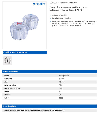 Juego de manerales acrílicos transparentes para lavabo y fregadero