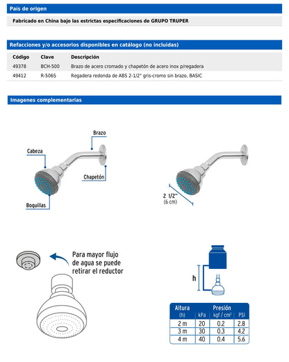 Regadera redonda de 2-1/2" con brazo y chapetón de acero