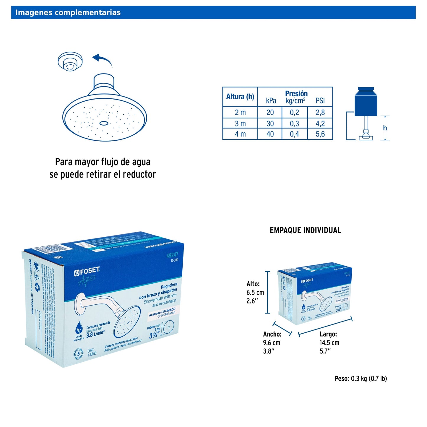 Regadera redonda metálica de 3-1/2" con brazo y chapetón cromados