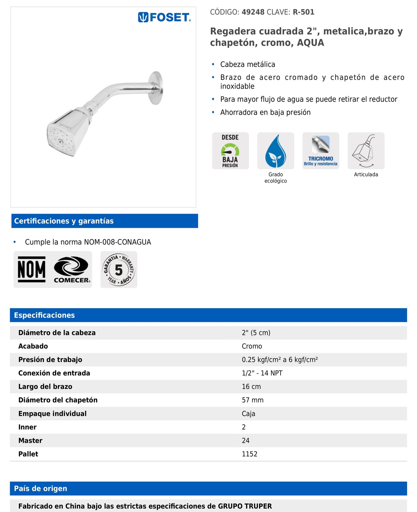 Regadera cuadrada metálica de 2" con brazo y chapetón cromados