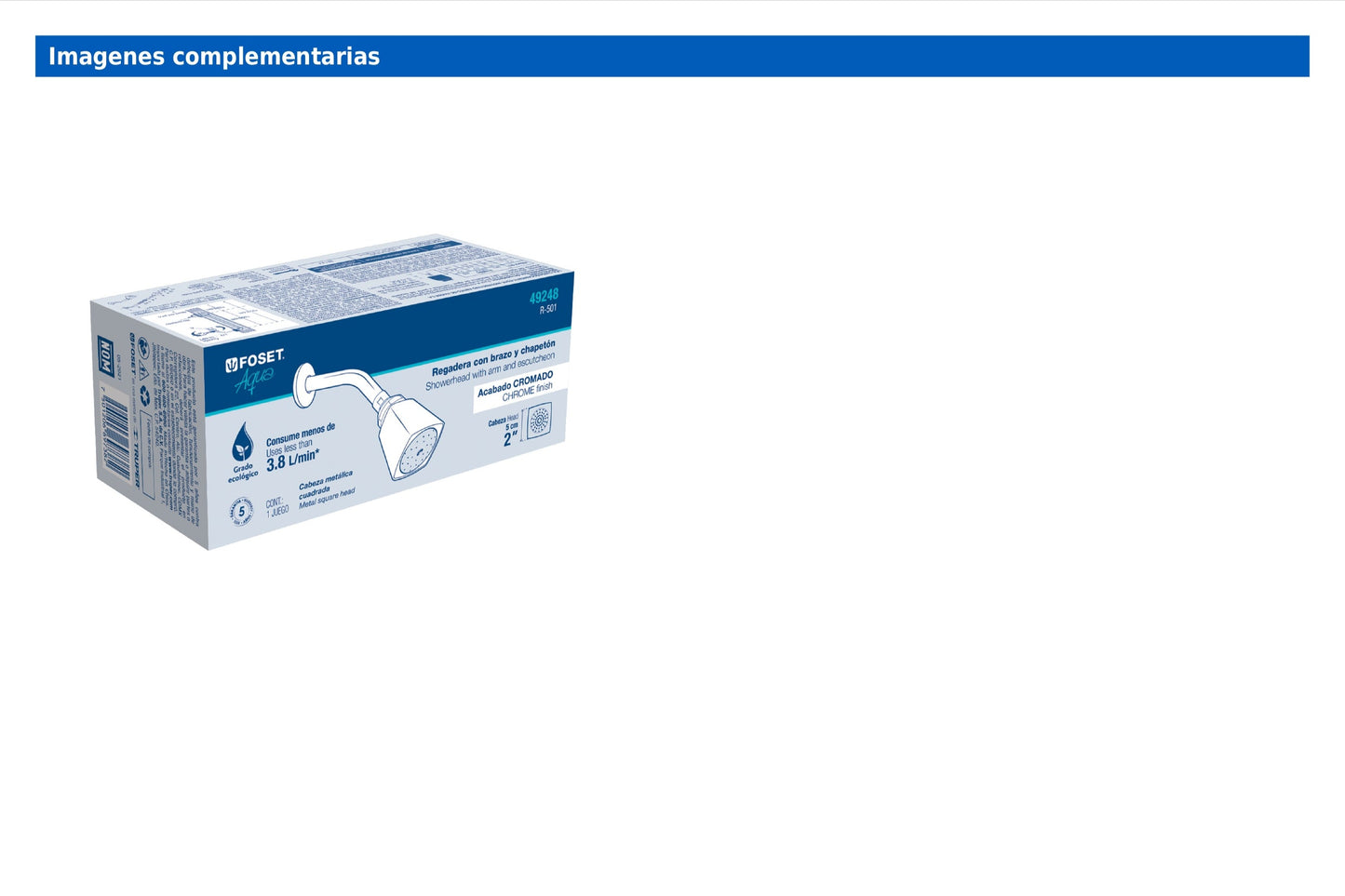 Regadera cuadrada metálica de 2" con brazo y chapetón cromados