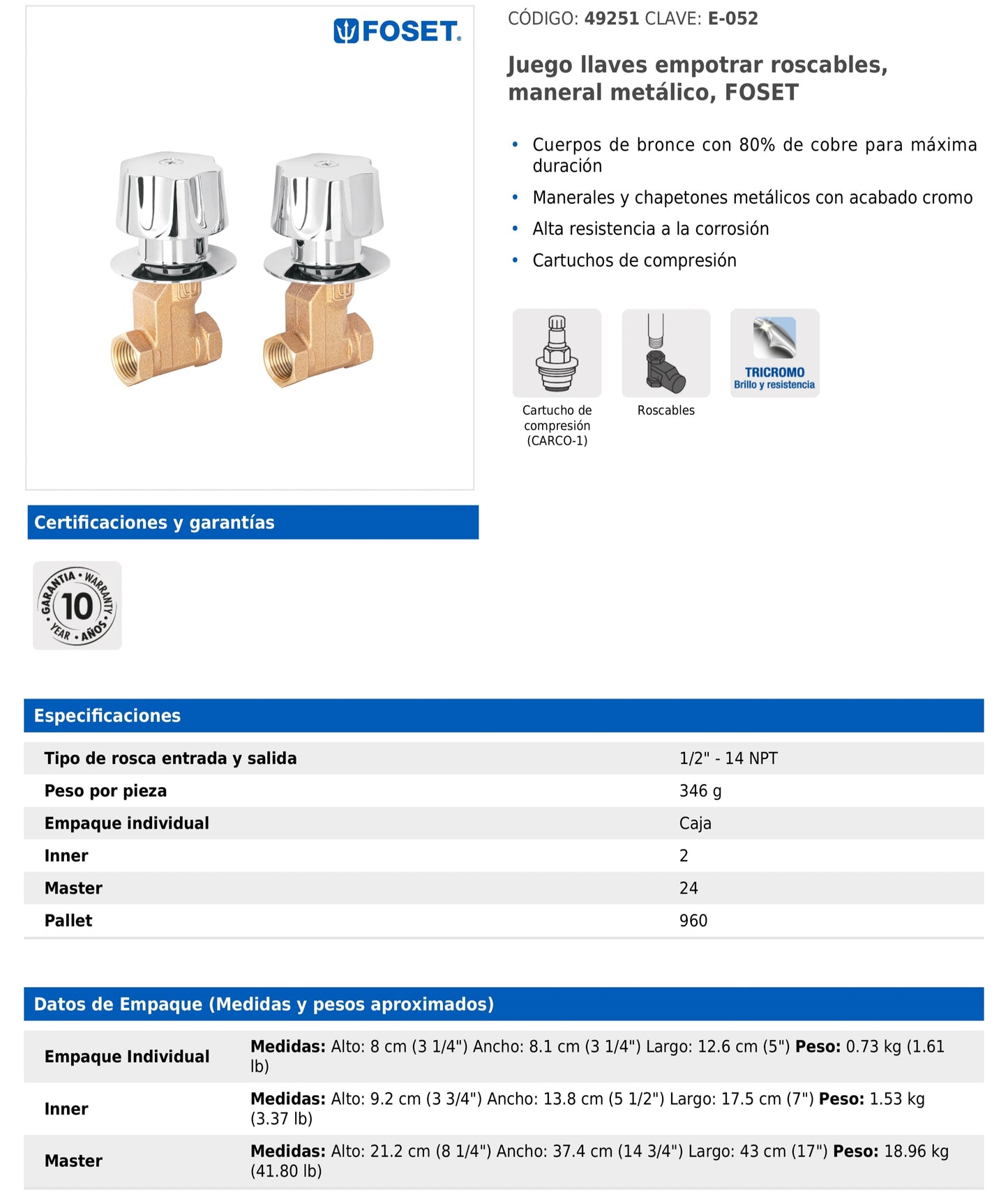 Juego de llaves empotrar roscables con maneral metálico