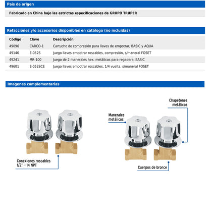 Juego de llaves empotrar roscables con maneral metálico
