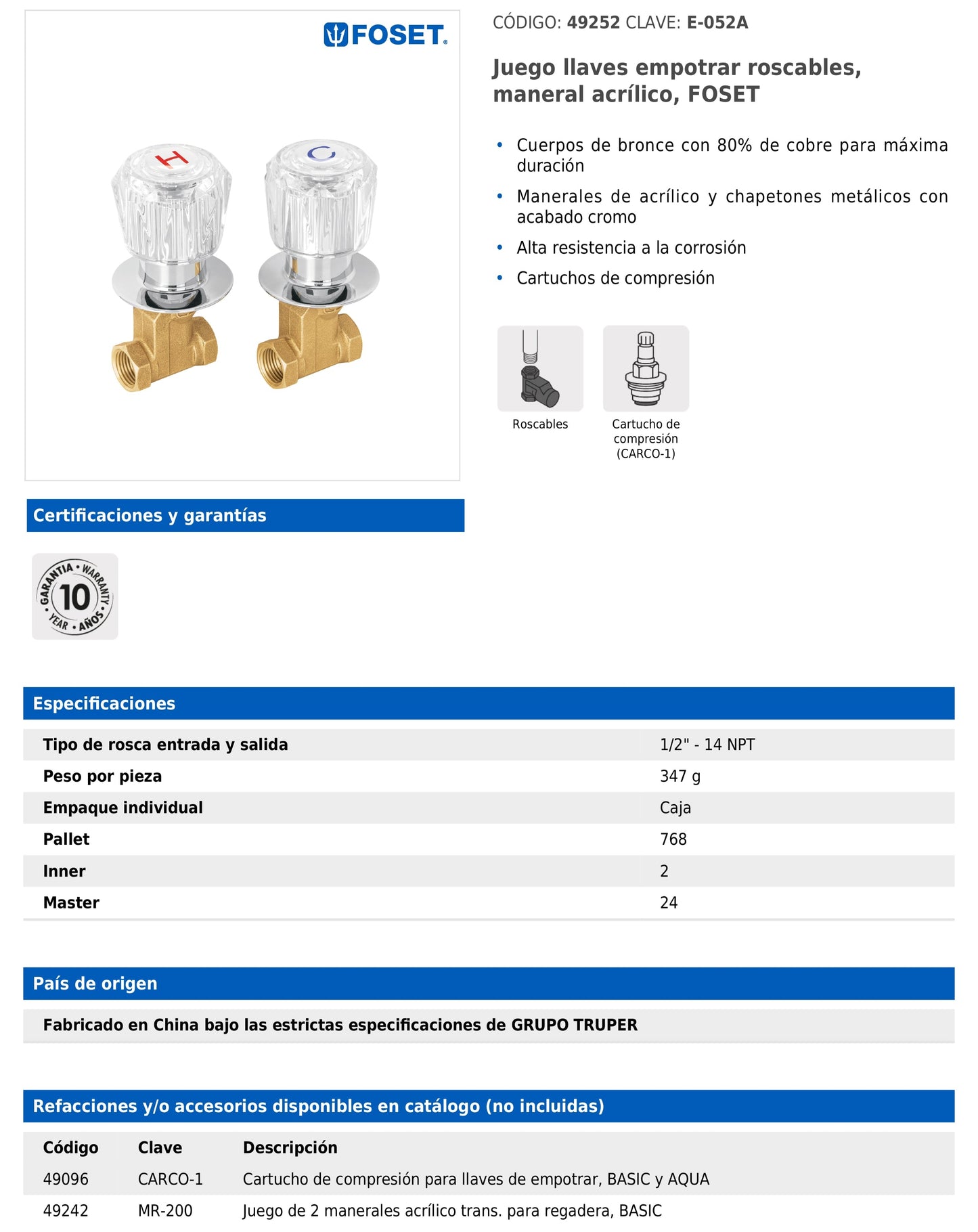 Juego de llaves empotrar roscables con maneral acrílico