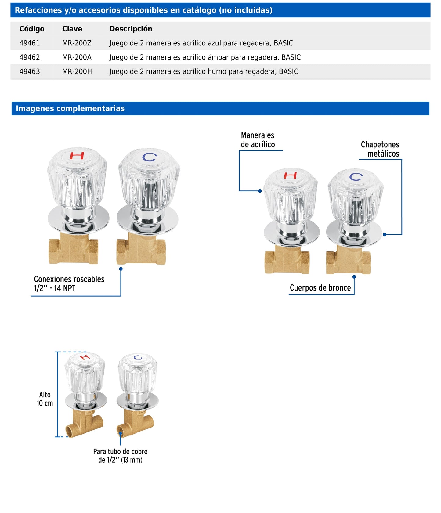 Juego de llaves empotrar roscables con maneral acrílico