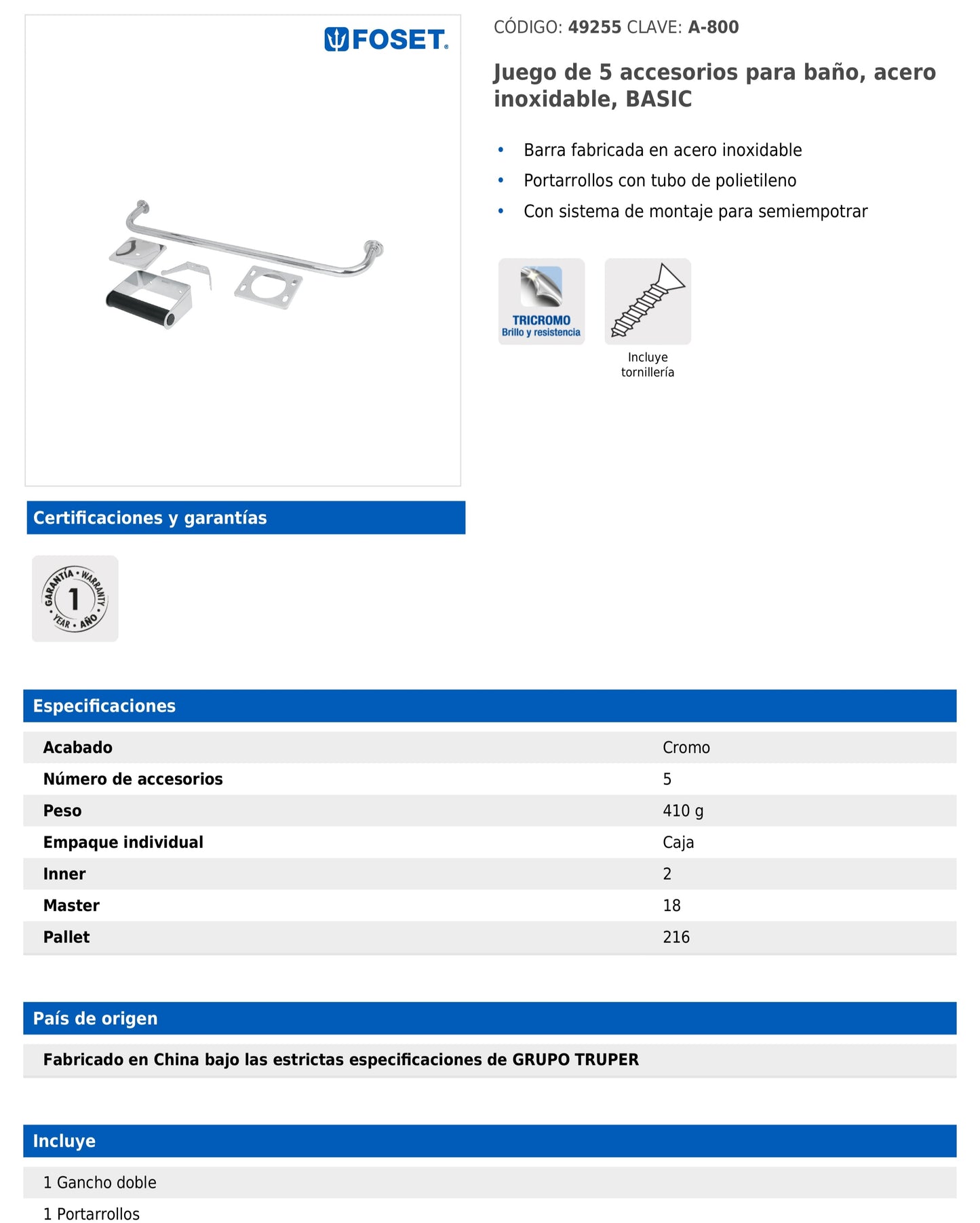 Juego  de 5 accesorios para baño en acero inoxidable