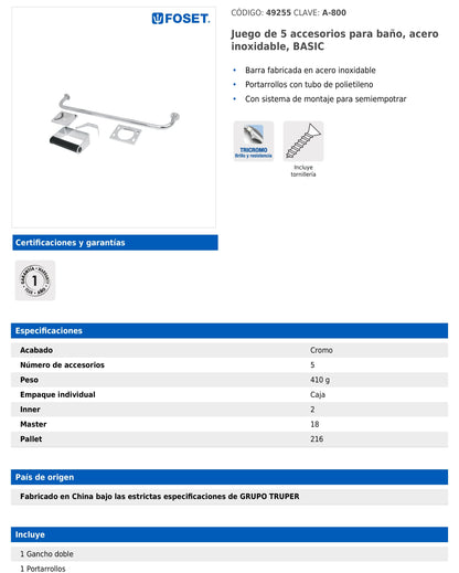 Juego  de 5 accesorios para baño en acero inoxidable