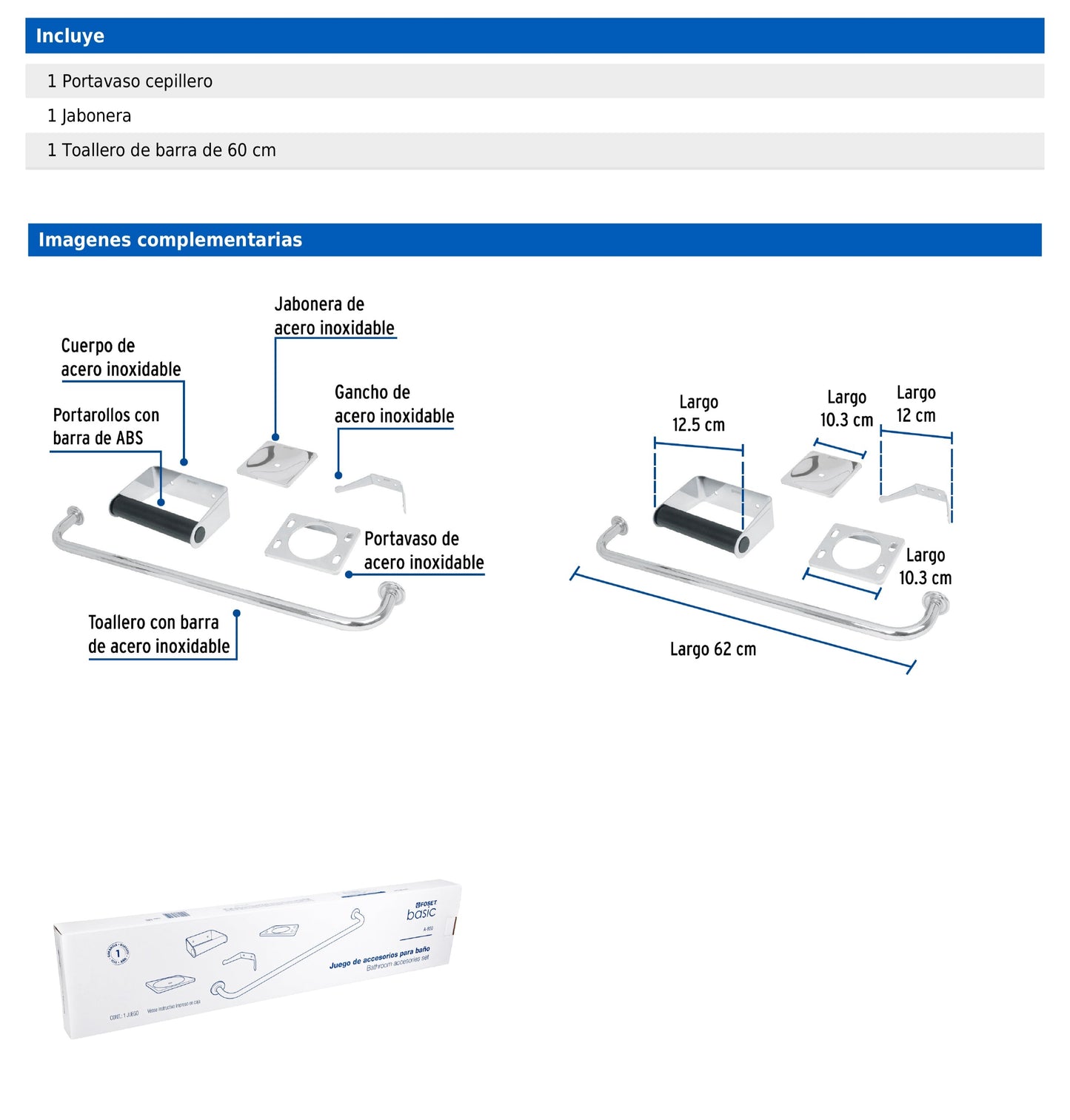 Juego  de 5 accesorios para baño en acero inoxidable