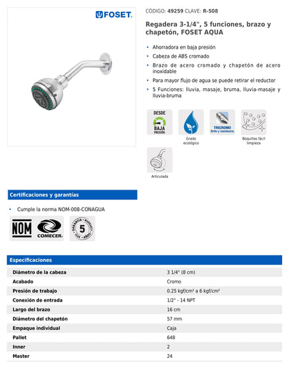 Regadera de 3-1/4" con 5 funciones y brazo cromado