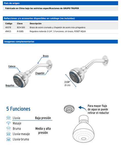 Regadera de 3-1/4" con 5 funciones y brazo cromado