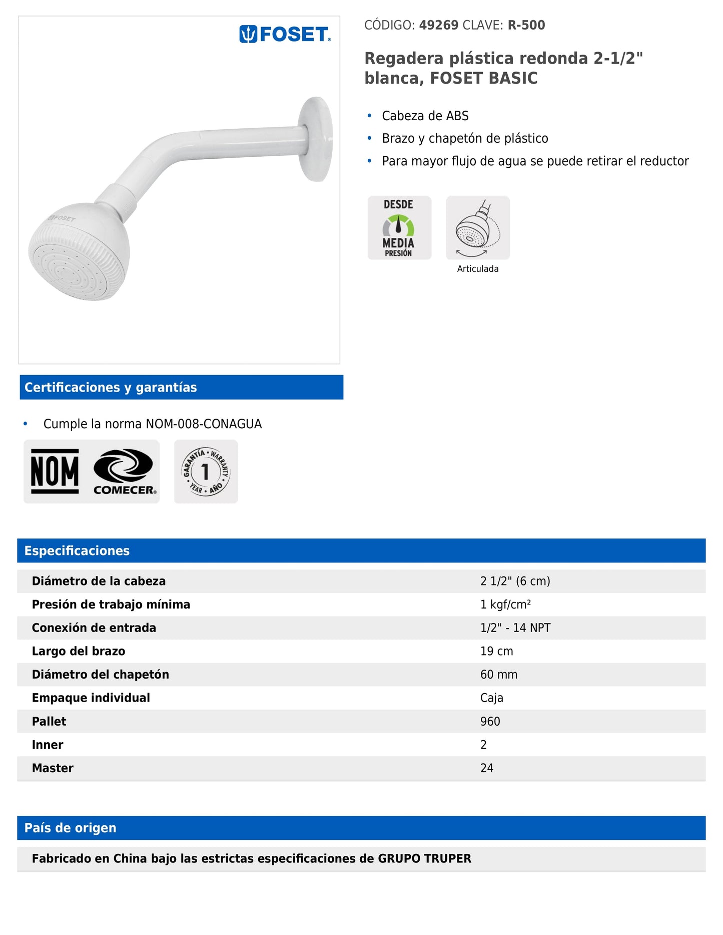 Regadera plástica redonda de 2-1/2" blanca con brazo y chapetón