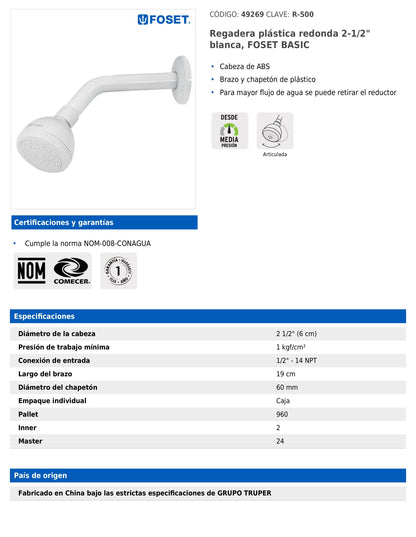 Regadera plástica redonda de 2-1/2" blanca con brazo y chapetón