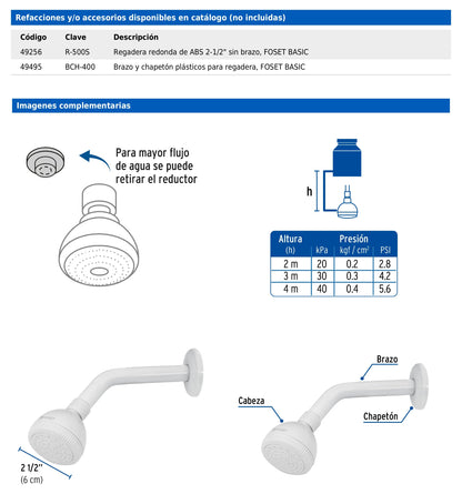 Regadera plástica redonda de 2-1/2" blanca con brazo y chapetón