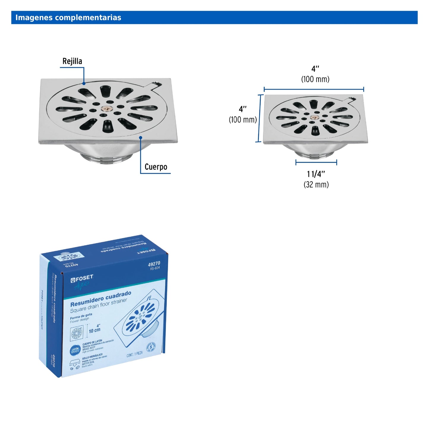 Resumidero cuadrado de 4" x 4" en latón cromado con sello hidráulico