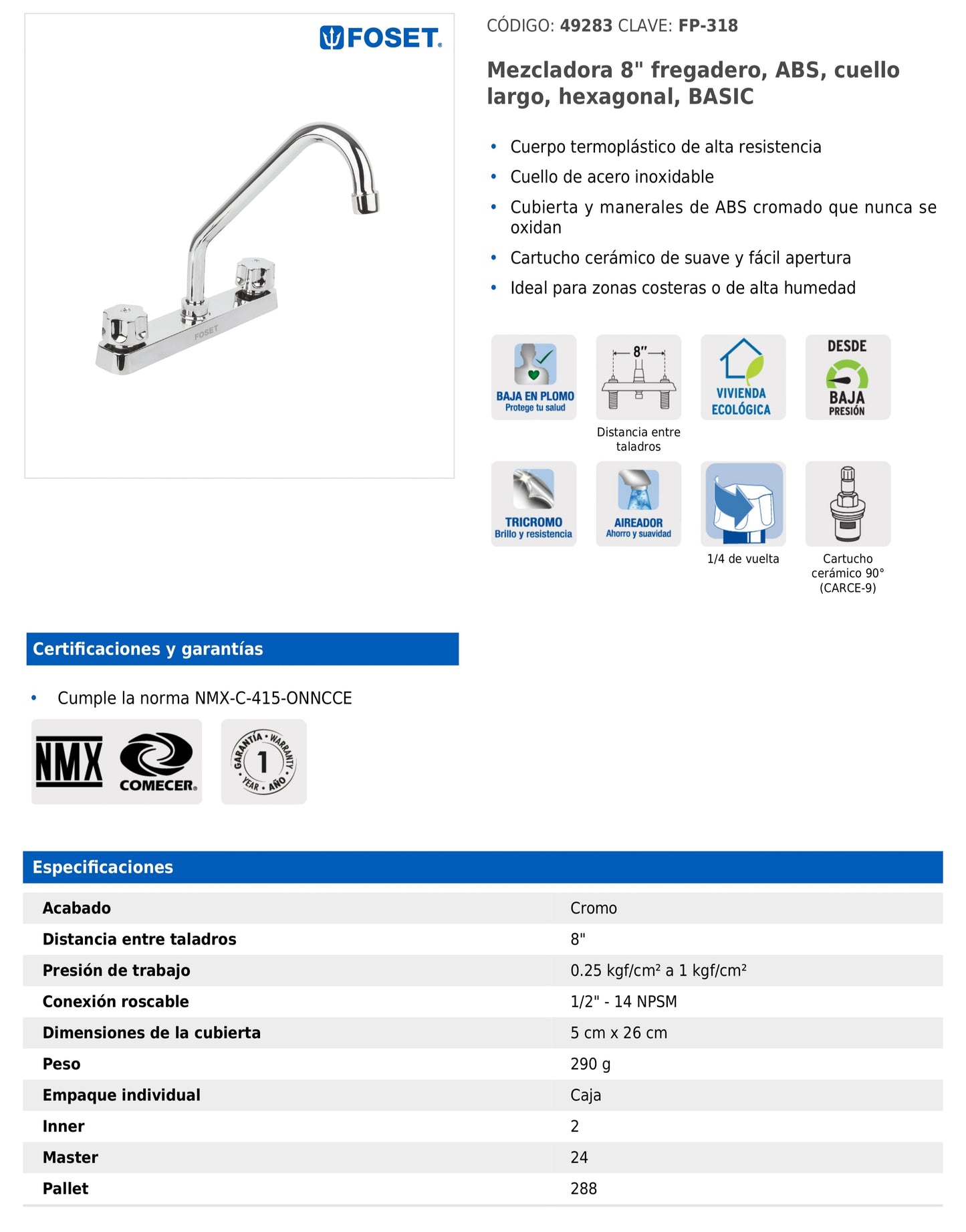 Mezcladora de 8" para fregadero de ABS con cuello largo y manerales hexagonales