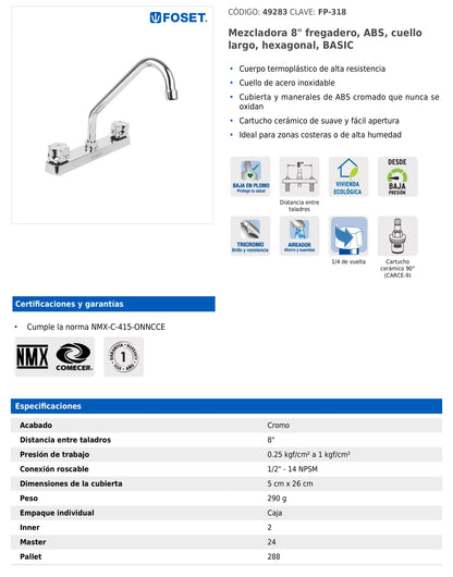 Mezcladora de 8" para fregadero de ABS con cuello largo y manerales hexagonales
