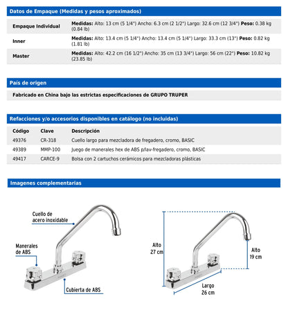 Mezcladora de 8" para fregadero de ABS con cuello largo y manerales hexagonales