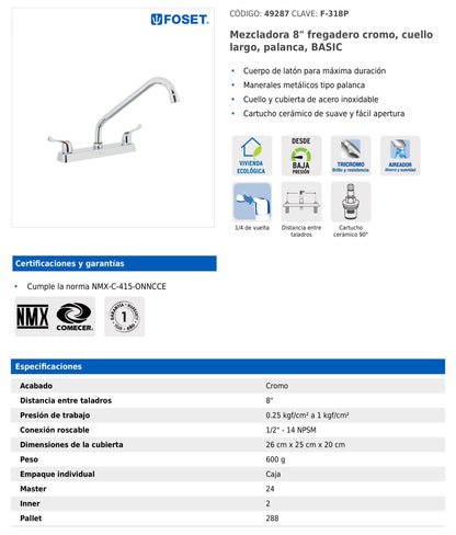 Mezcladora de 8" para fregadero con cuello largo y manerales tipo palanca