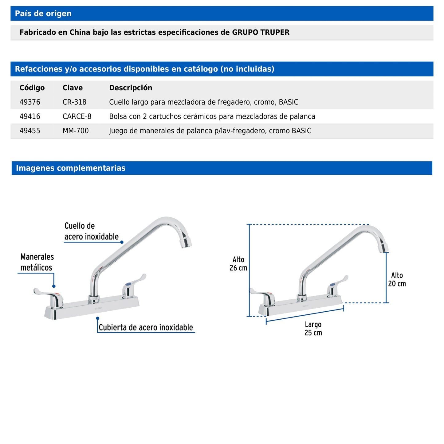 Mezcladora de 8" para fregadero con cuello largo y manerales tipo palanca