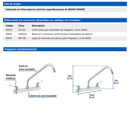 Mezcladora de 8" para fregadero con cuello largo y manerales tipo palanca