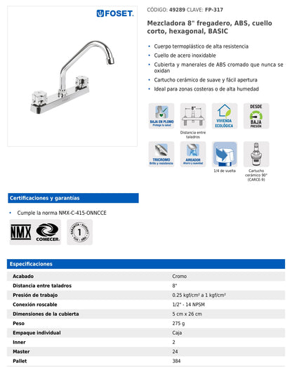 Mezcladora de 8" para fregadero con cuello corto y manerales hexagonales
