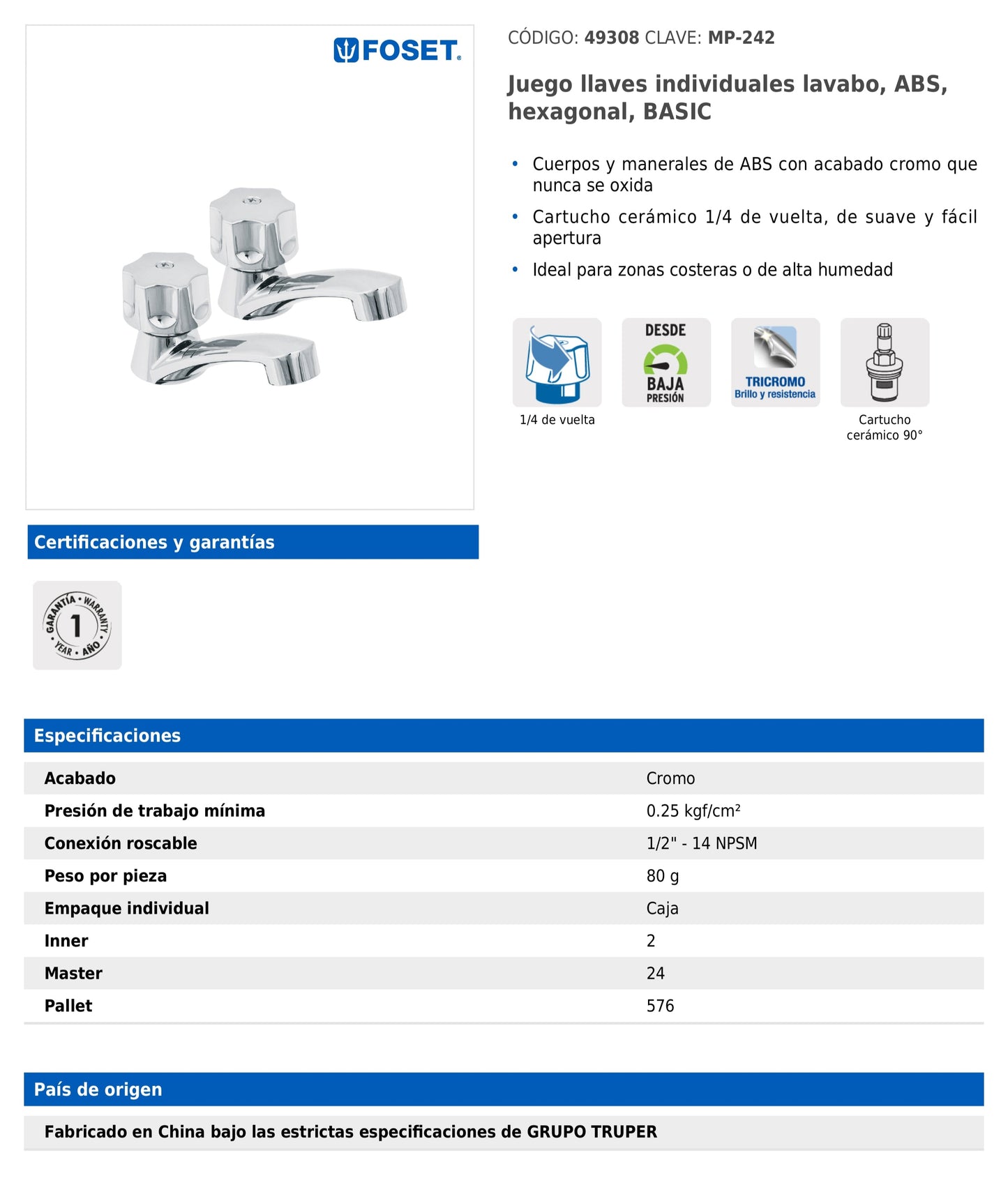 Juego de llaves individuales para lavabo de ABS con maneral hexagonal y cartucho cerámico