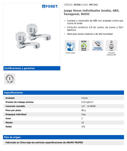 Juego de llaves individuales para lavabo de ABS con maneral hexagonal y cartucho cerámico