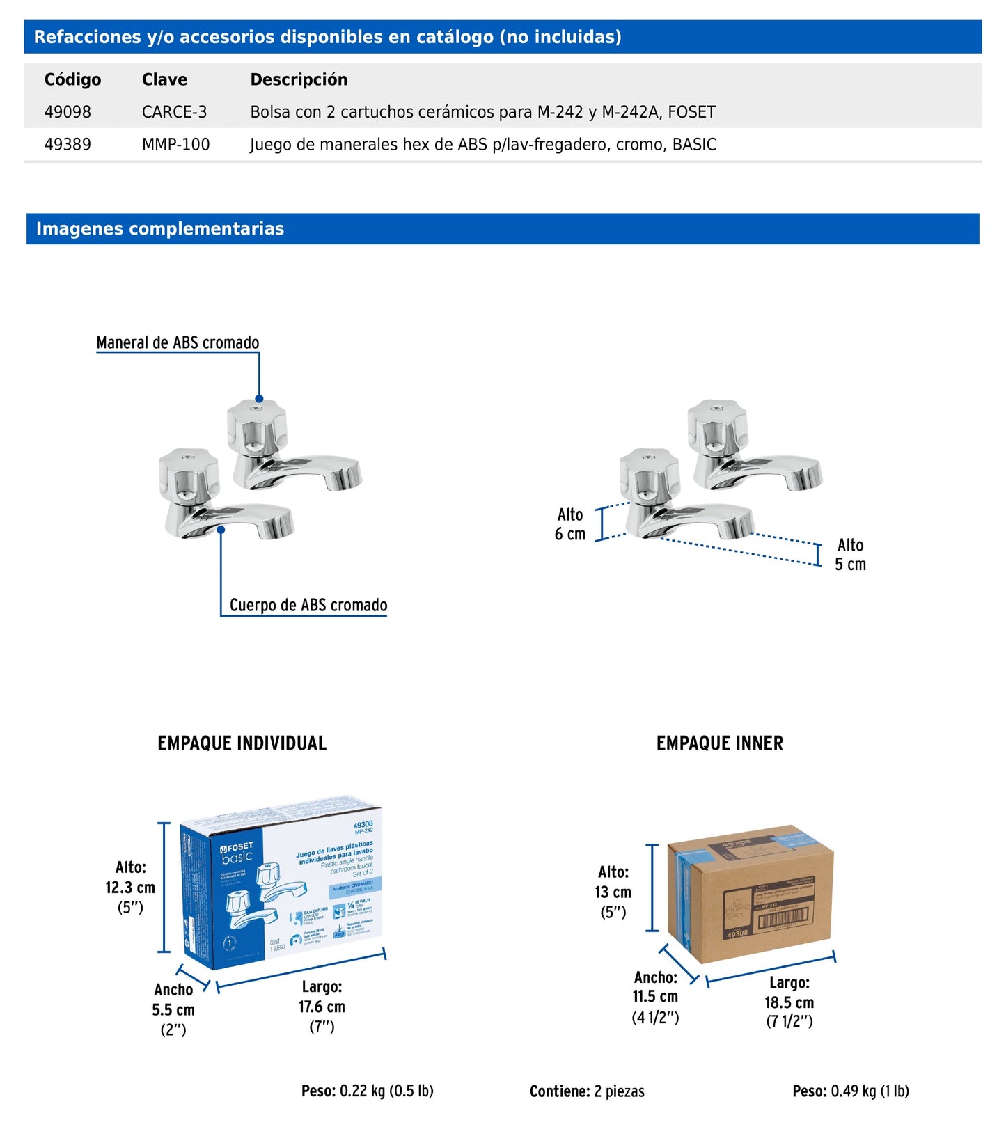 Juego de llaves individuales para lavabo de ABS con maneral hexagonal y cartucho cerámico