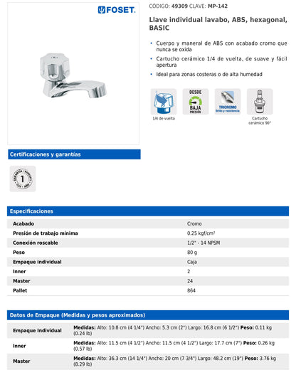 Llave individual para lavabo de ABS con cartucho cerámico y maneral hexagonal