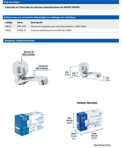 Llave individual para lavabo de ABS con cartucho cerámico y maneral hexagonal