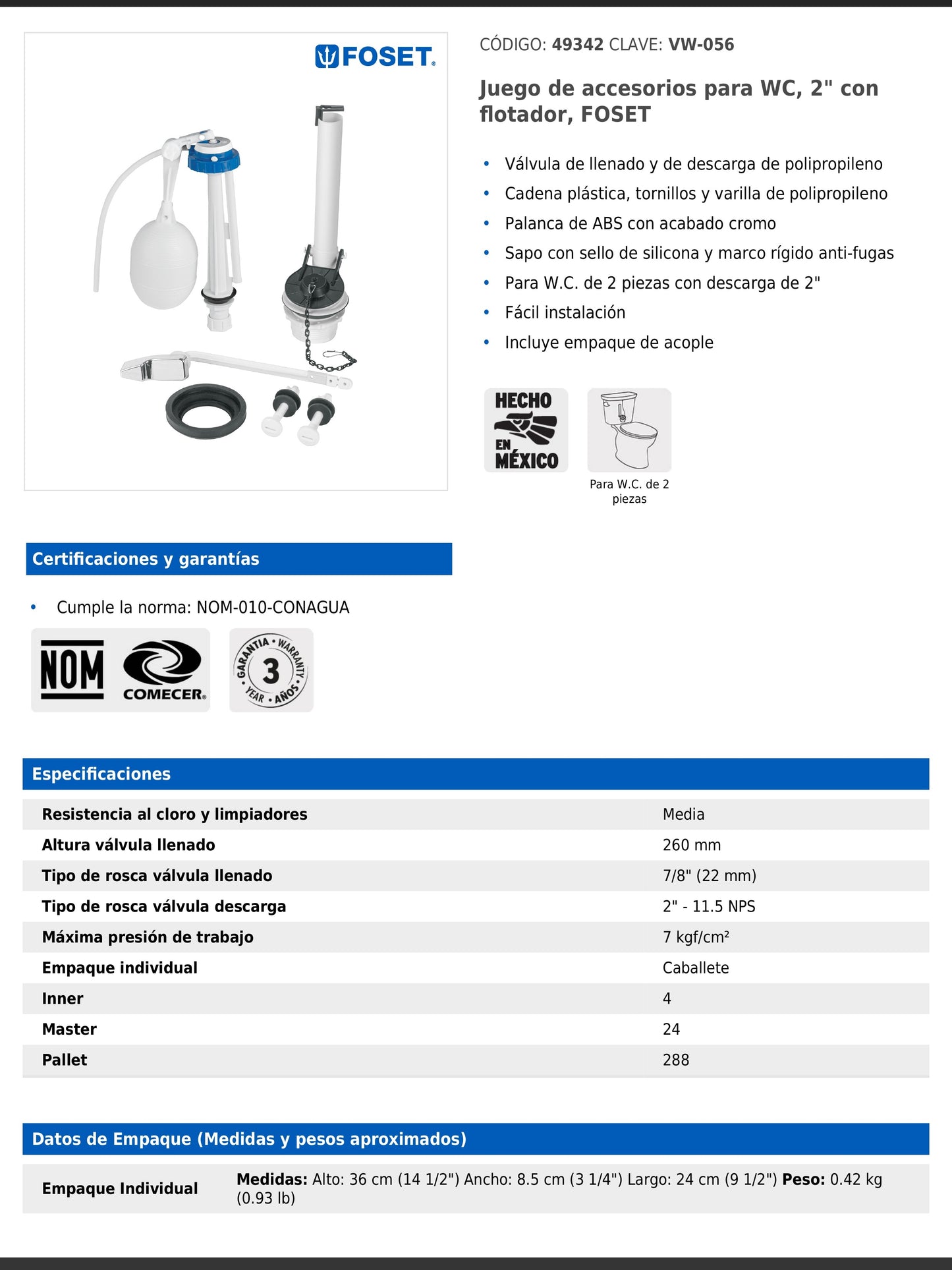 Juego de accesorios para WC de 2" con flotador