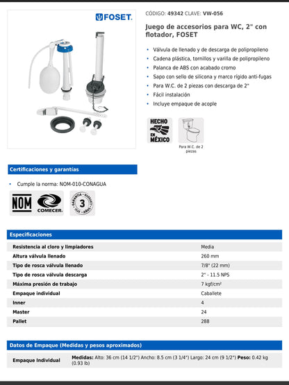 Juego de accesorios para WC de 2" con flotador