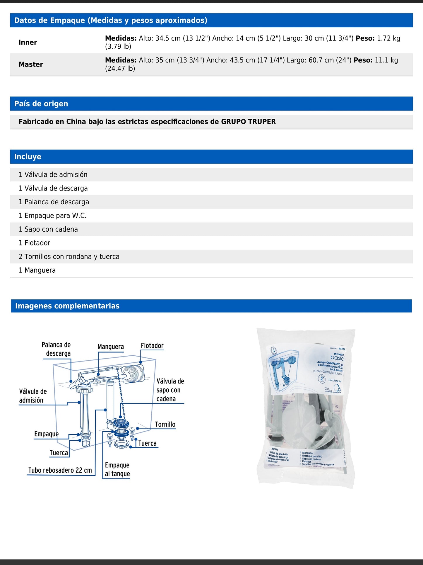Juego de accesorios para WC de 2" con flotador