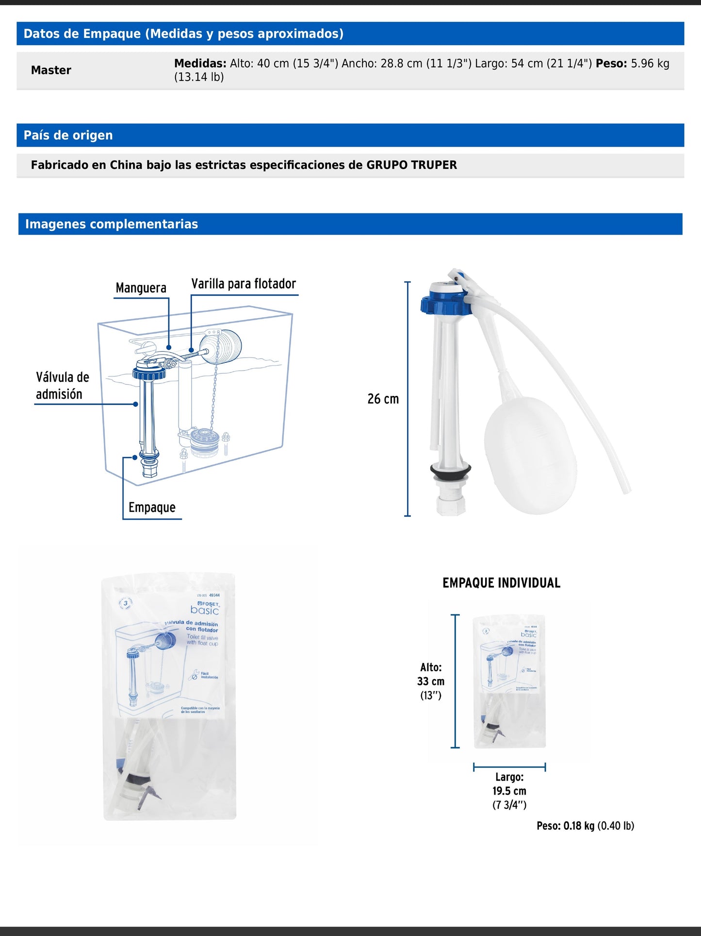 Válvula de llenado de plástico con flotador para tanque bajo de WC