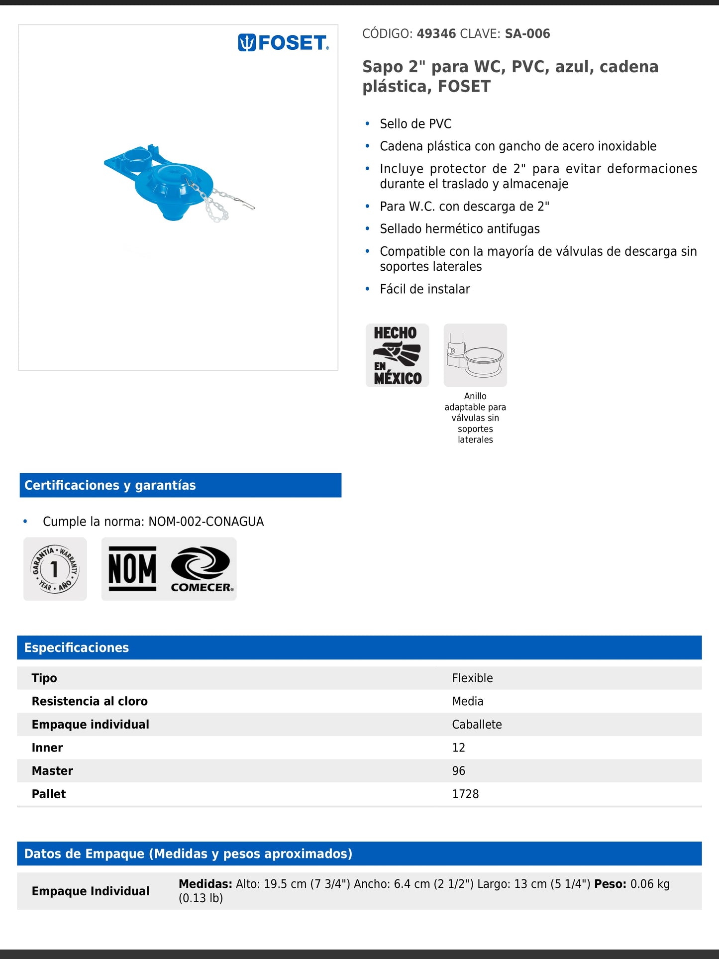 Sapo de PVC azul con cadena plástica de 2" para WC