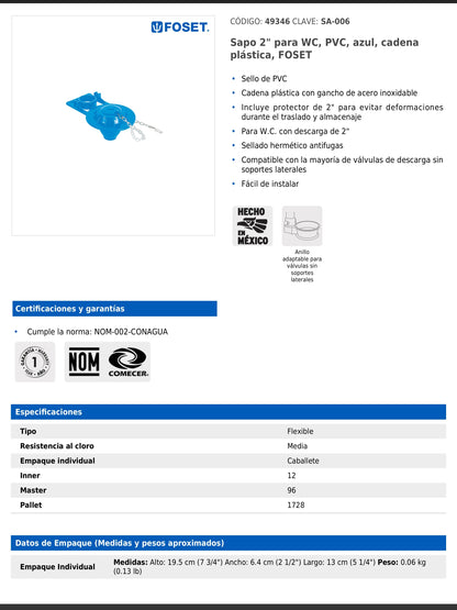 Sapo de PVC azul con cadena plástica de 2" para WC